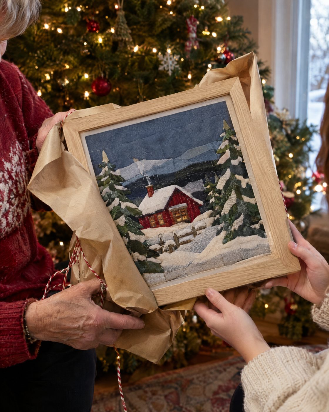 Framed fabric art given as a Christmas gift