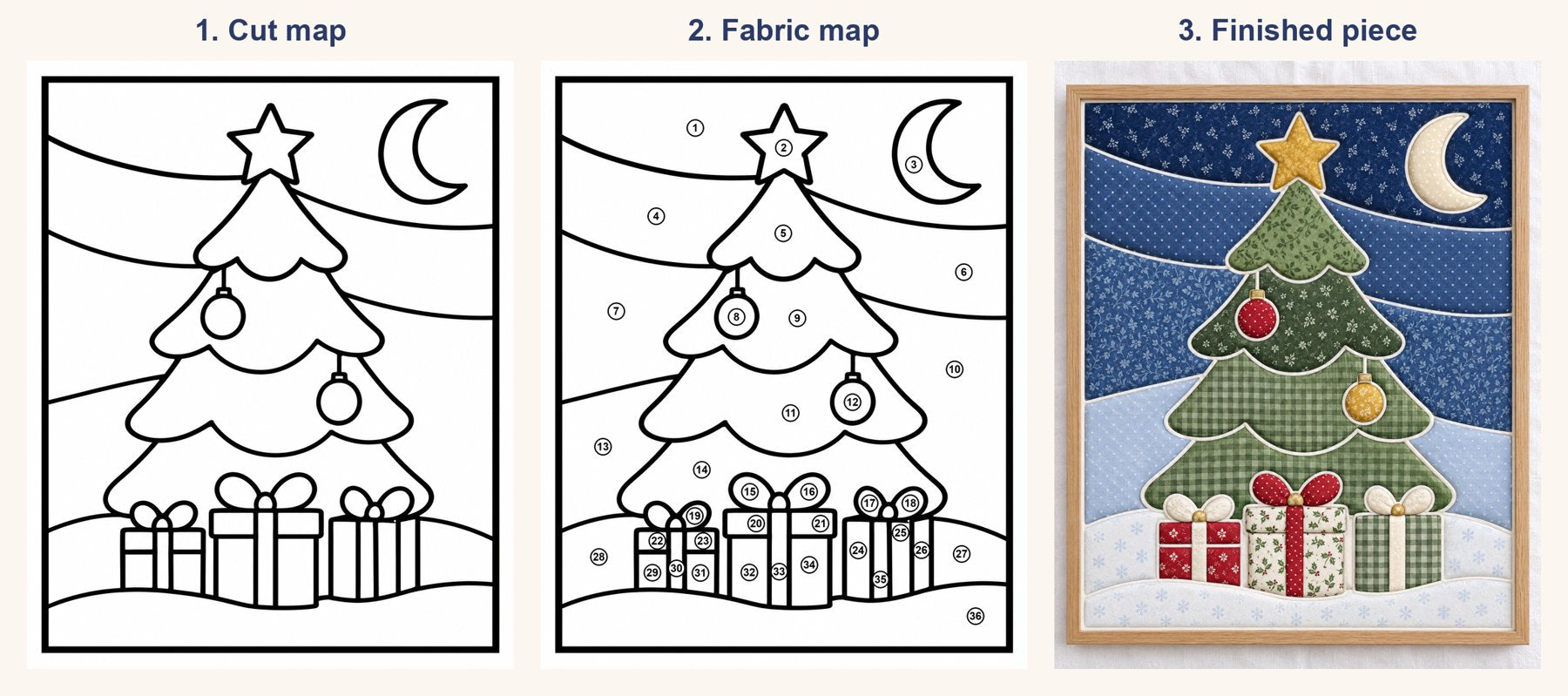 Cut map, numbered fabric map and the finished fabric piece of the Christmas tree pattern