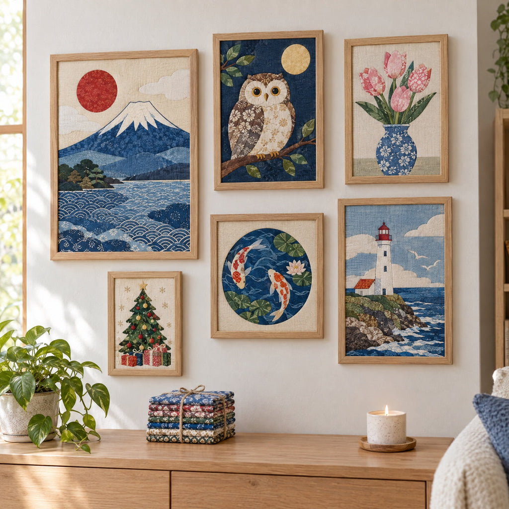 A gallery wall of fabric pictures made with kinusaiga patterns