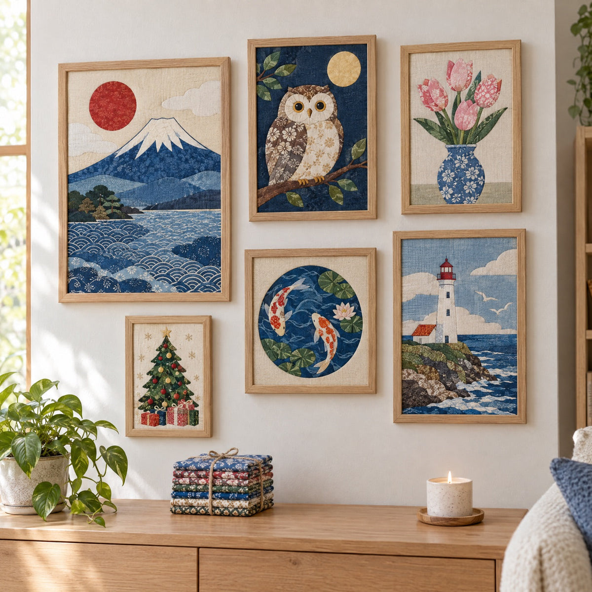 A gallery wall of fabric pictures made with kinusaiga patterns