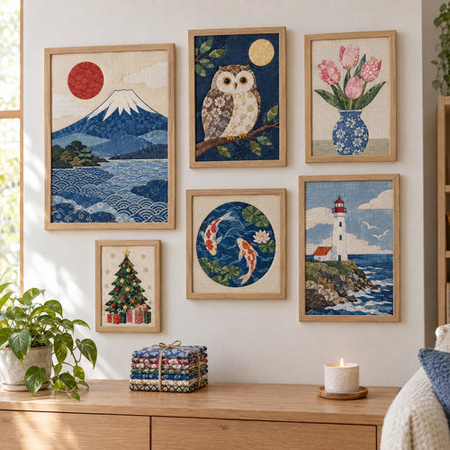 A gallery wall of fabric pictures made with kinusaiga patterns