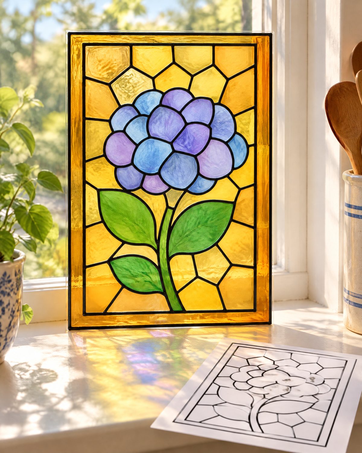 A finished faux stained glass hydrangea panel glowing in a sunny kitchen window, with its printed pattern on the windowsill
