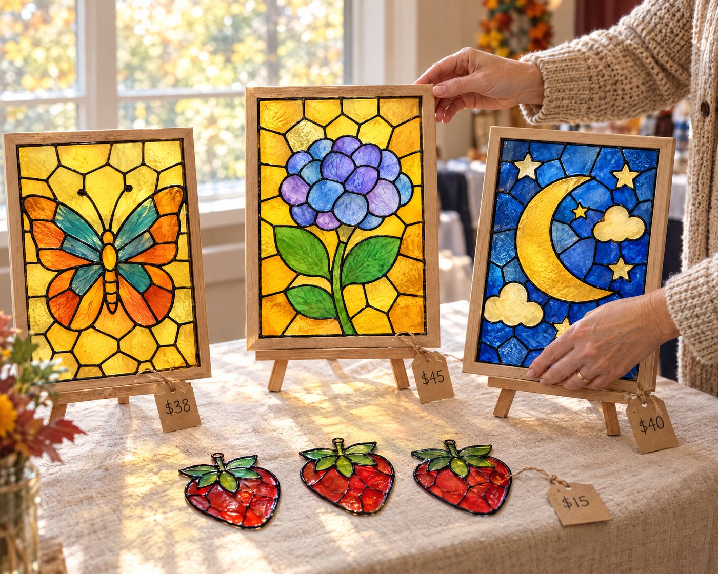 A craft fair table with a butterfly, a hydrangea and a moon panel on small easels, and three strawberry window clings, each with a handwritten price tag