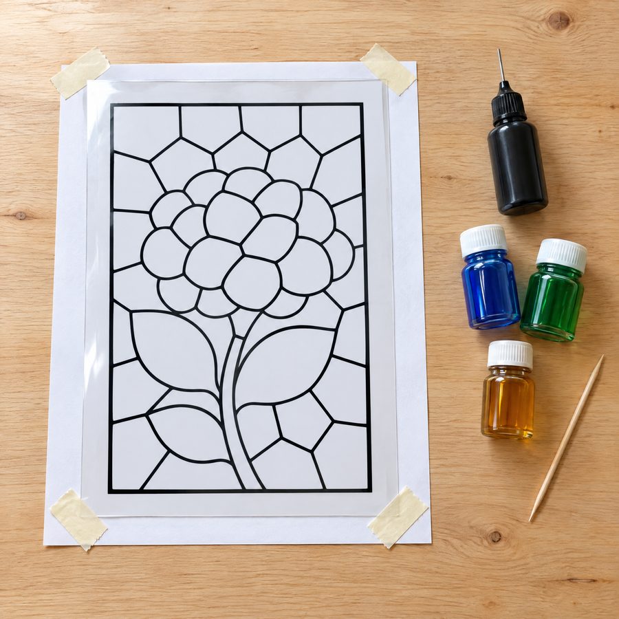 A printed pattern taped under a clear acetate sheet, with liquid leading and glass paints beside it