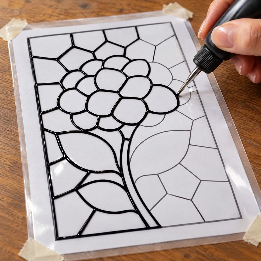 A hand tracing the printed lines with a bottle of black liquid leading