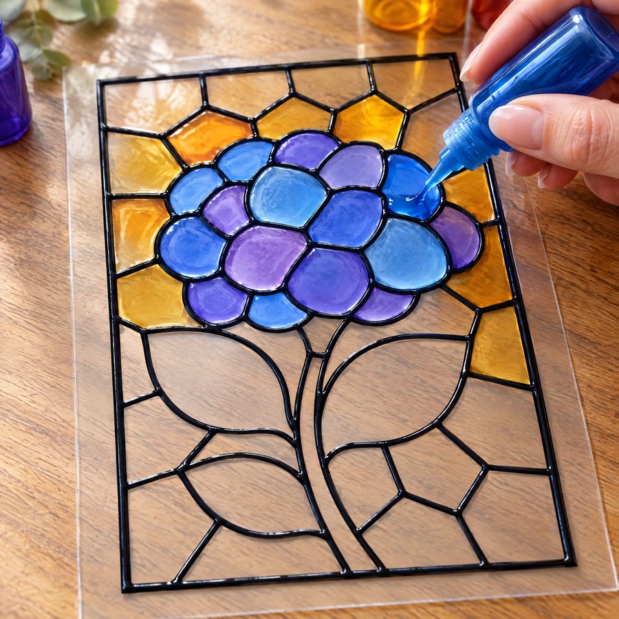 A hand filling the traced cells with translucent blue glass paint