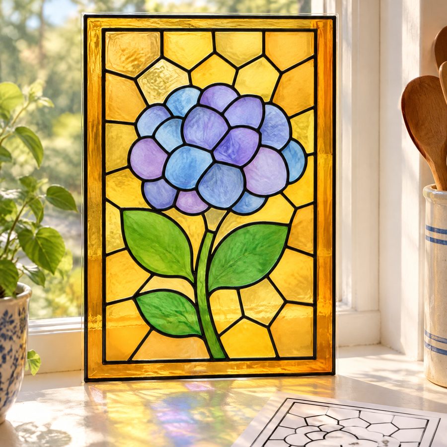 The finished hydrangea panel in a window, with the printed pattern below it