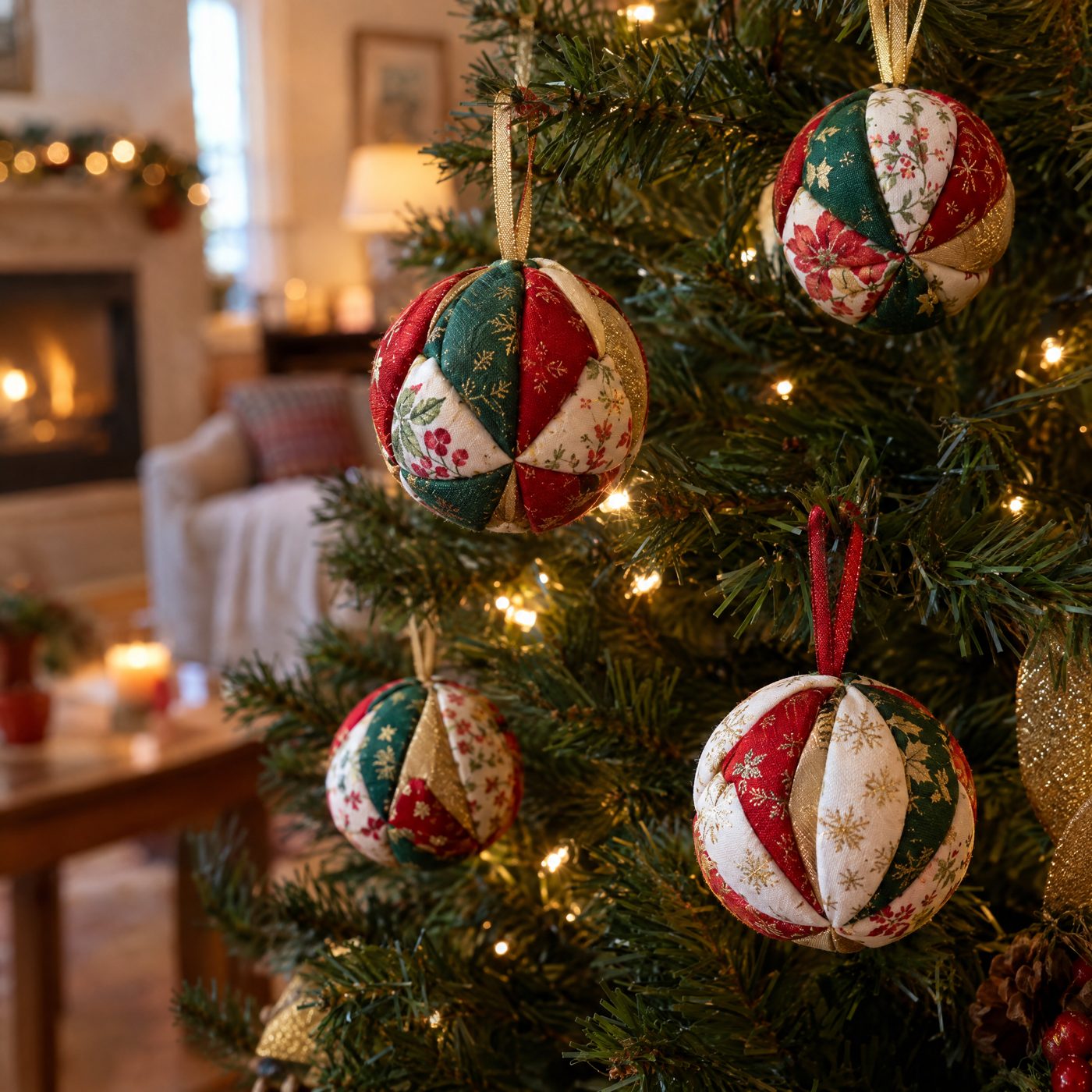 Fabric Christmas ornaments on a tree