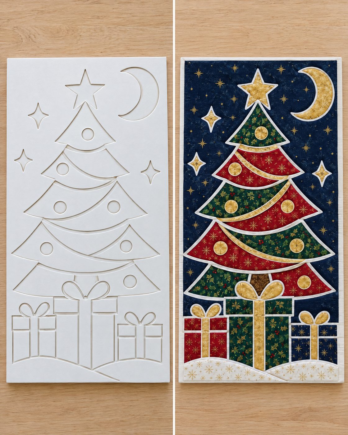 The same foam board before and after the fabric is tucked in